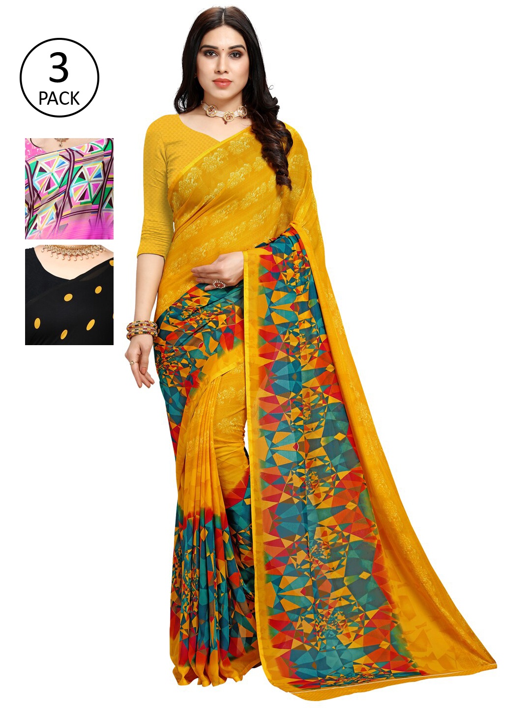 KALINI Pack Of 3 Yellow & Black Saree