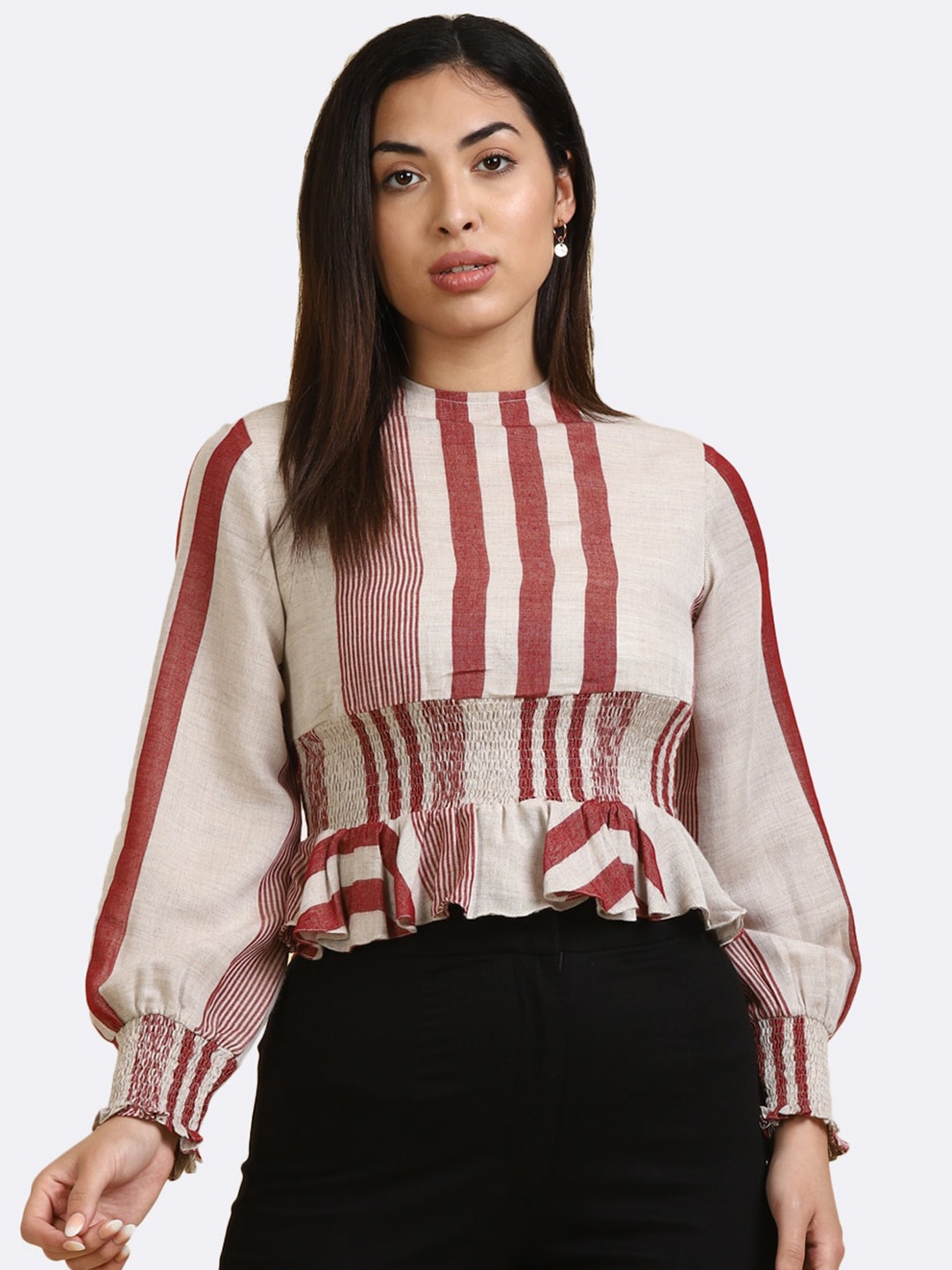 

DEEBACO Beige Striped Puff Sleeve Regular Top