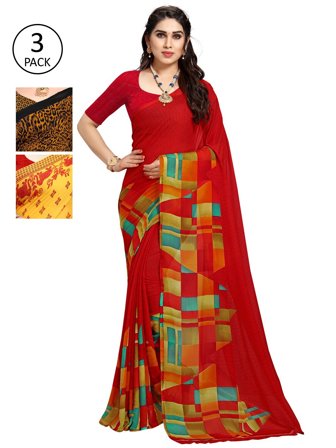 ANAND SAREES Pack Of 3 Yellow & Red Saree