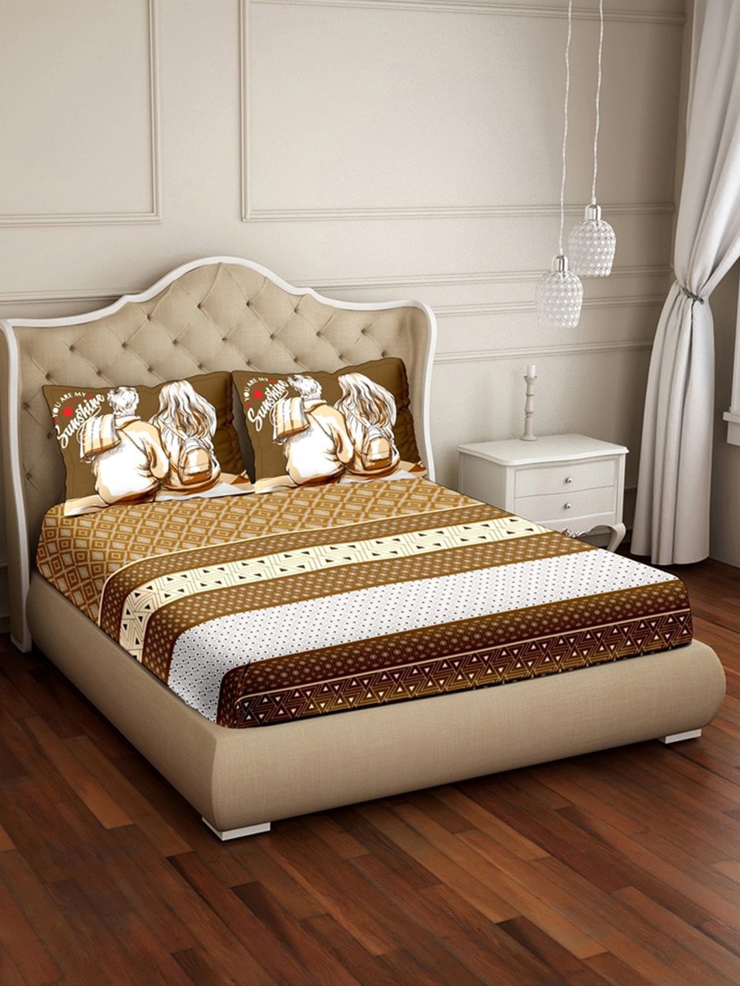 

BELLA CASA Brown & White Geometric 250 TC King Bedsheet with 2 Pillow Covers