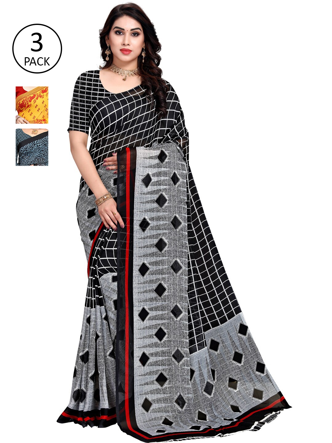 

ANAND SAREES Pack Of 3 Printed Saree, Yellow