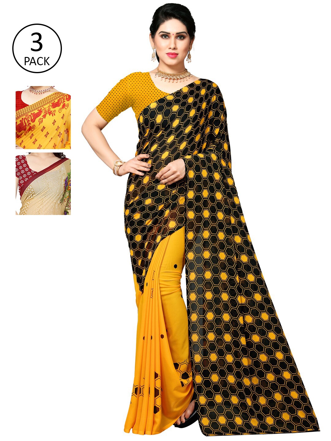

KALINI Pack of 3 Printed Poly Georgette Saree, Yellow