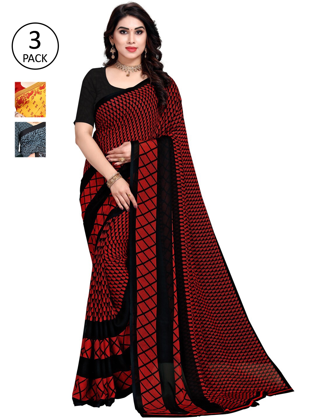 

ANAND SAREES Pack of 3 Poly Georgette Sarees, Yellow