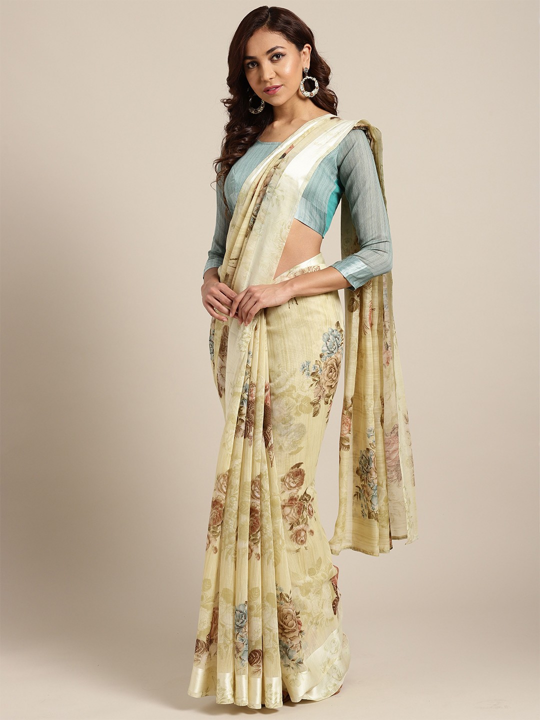 

Saree mall Olive Green Floral Linen Blend Sarees
