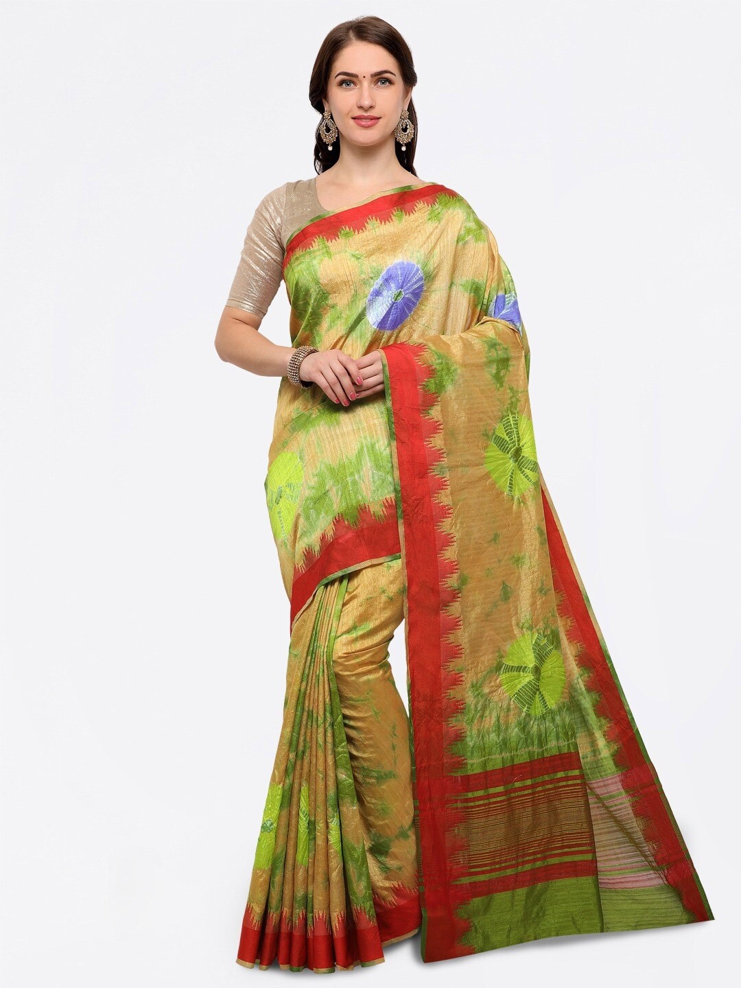 

Saree mall Beige & Red Bandhani Silk Blend Sarees