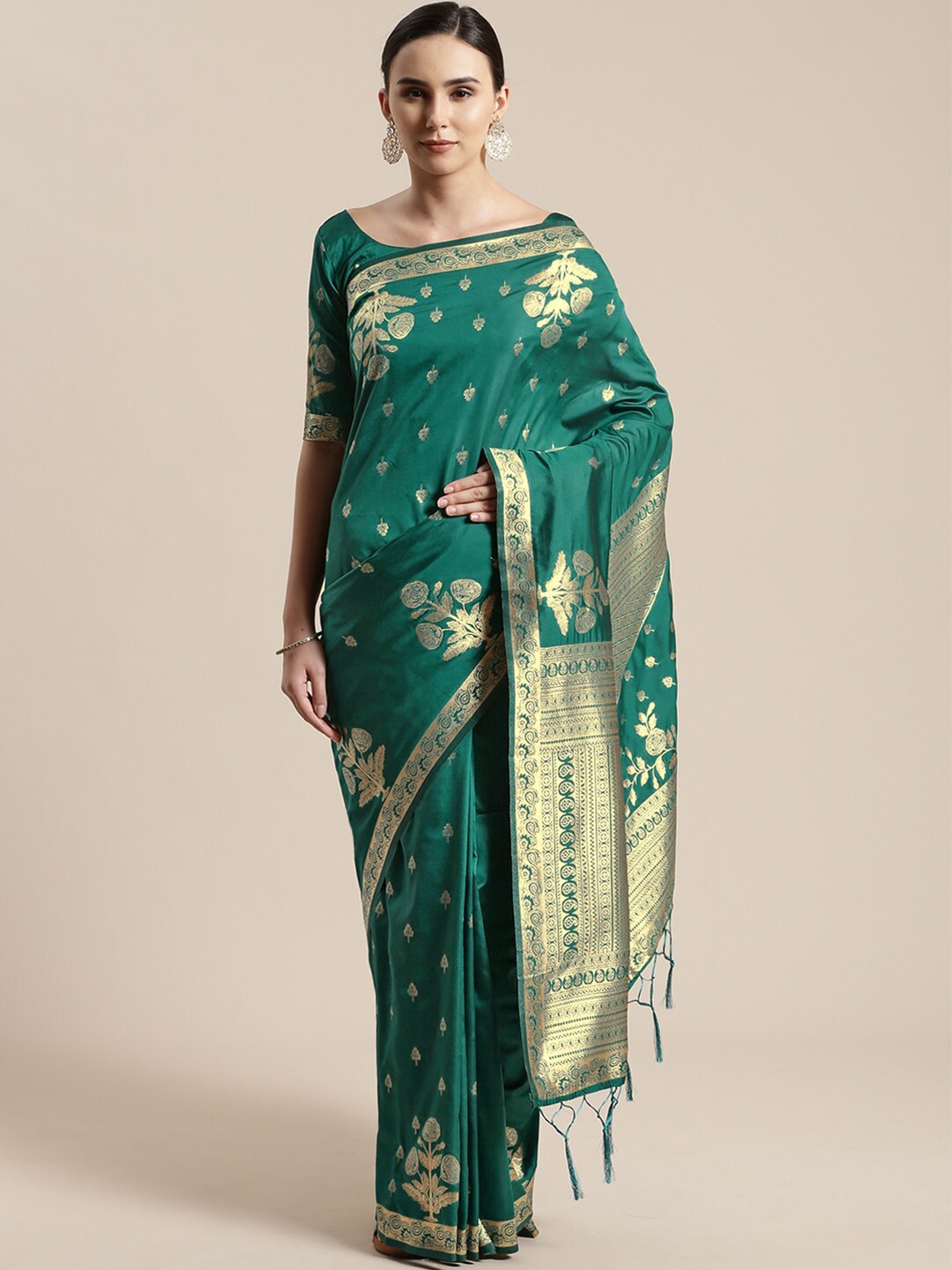 

Saree mall Teal & Gold-Toned Woven Design Zari Silk Blend Sarees