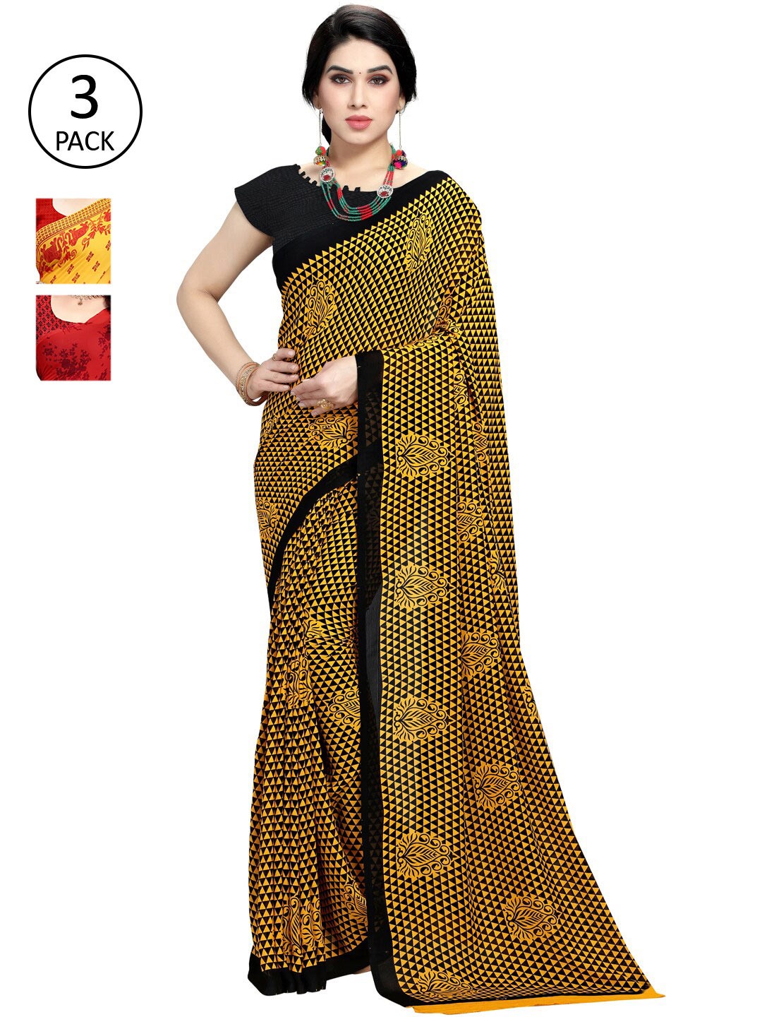 

KALINI Pack Of 3 Printed Sarees, Yellow