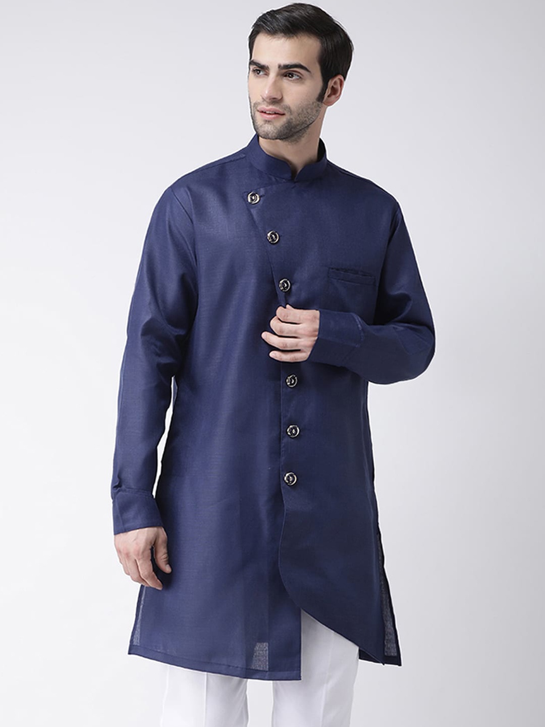 

SG LEMAN Men Navy Blue Thread Work Asymmetric Kurta