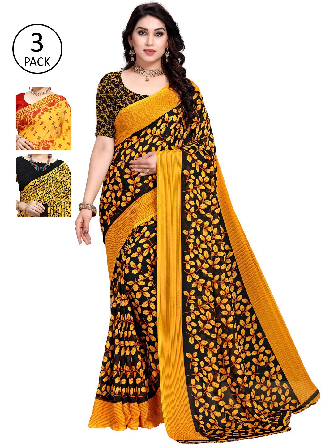 

KALINI Pack Of 3 Floral Sarees, Yellow