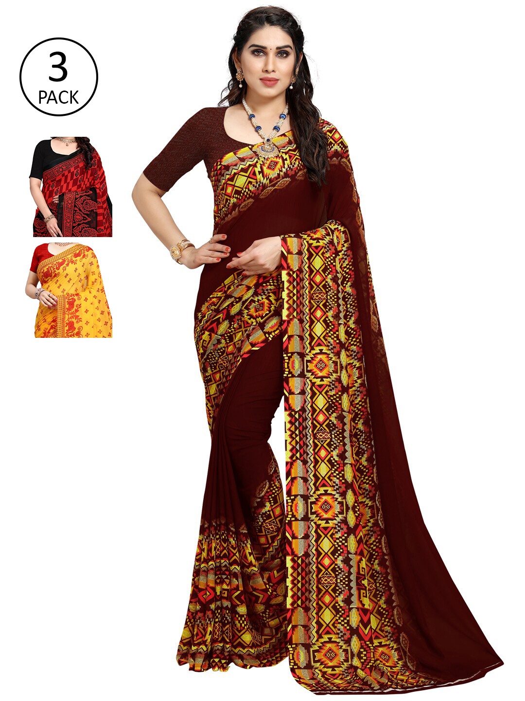 

KALINI Pack Of 3 Yellow & Maroon Saree