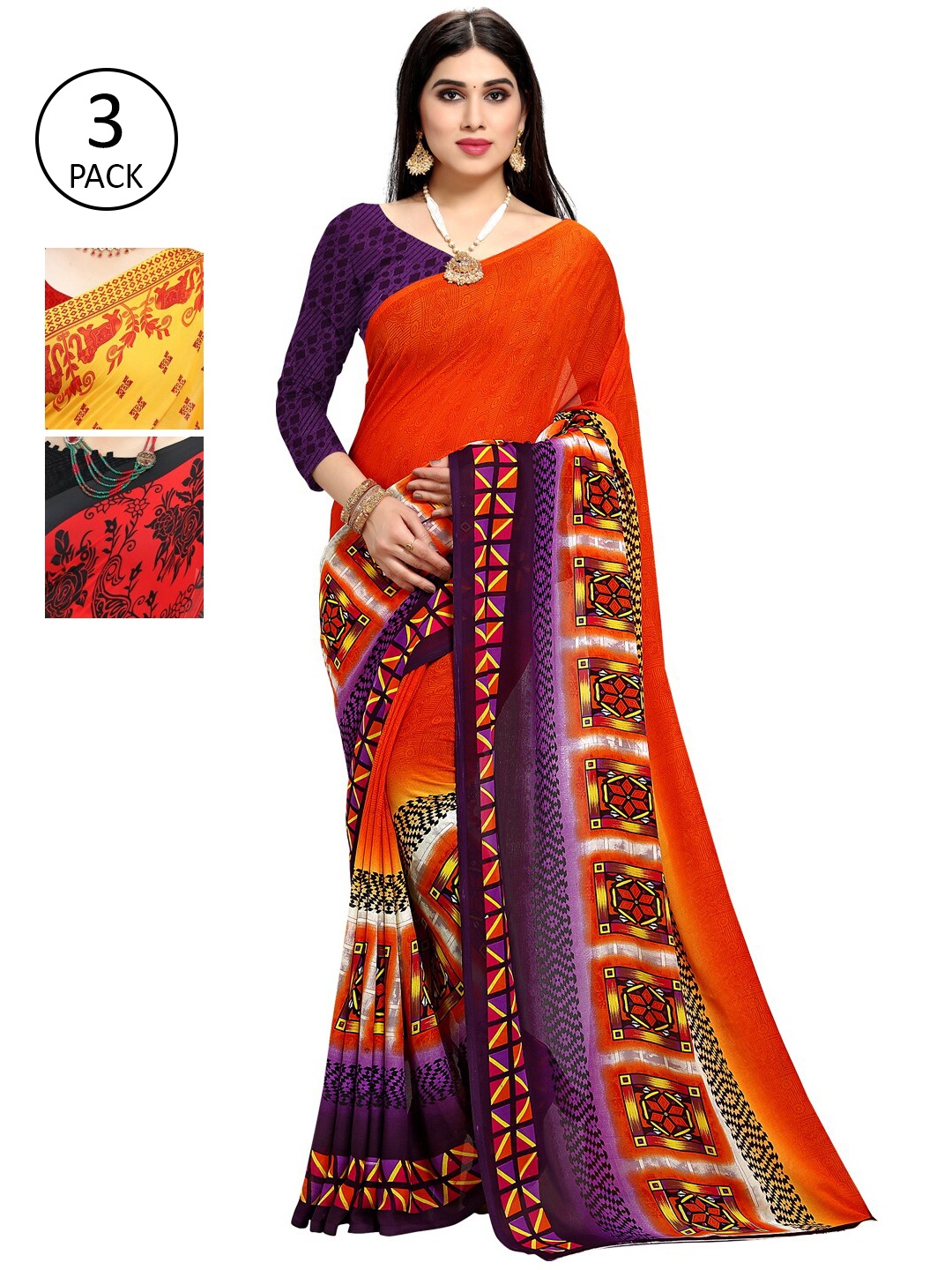 

KALINI Pack of 3 Printed Poly Georgette Saree, Red