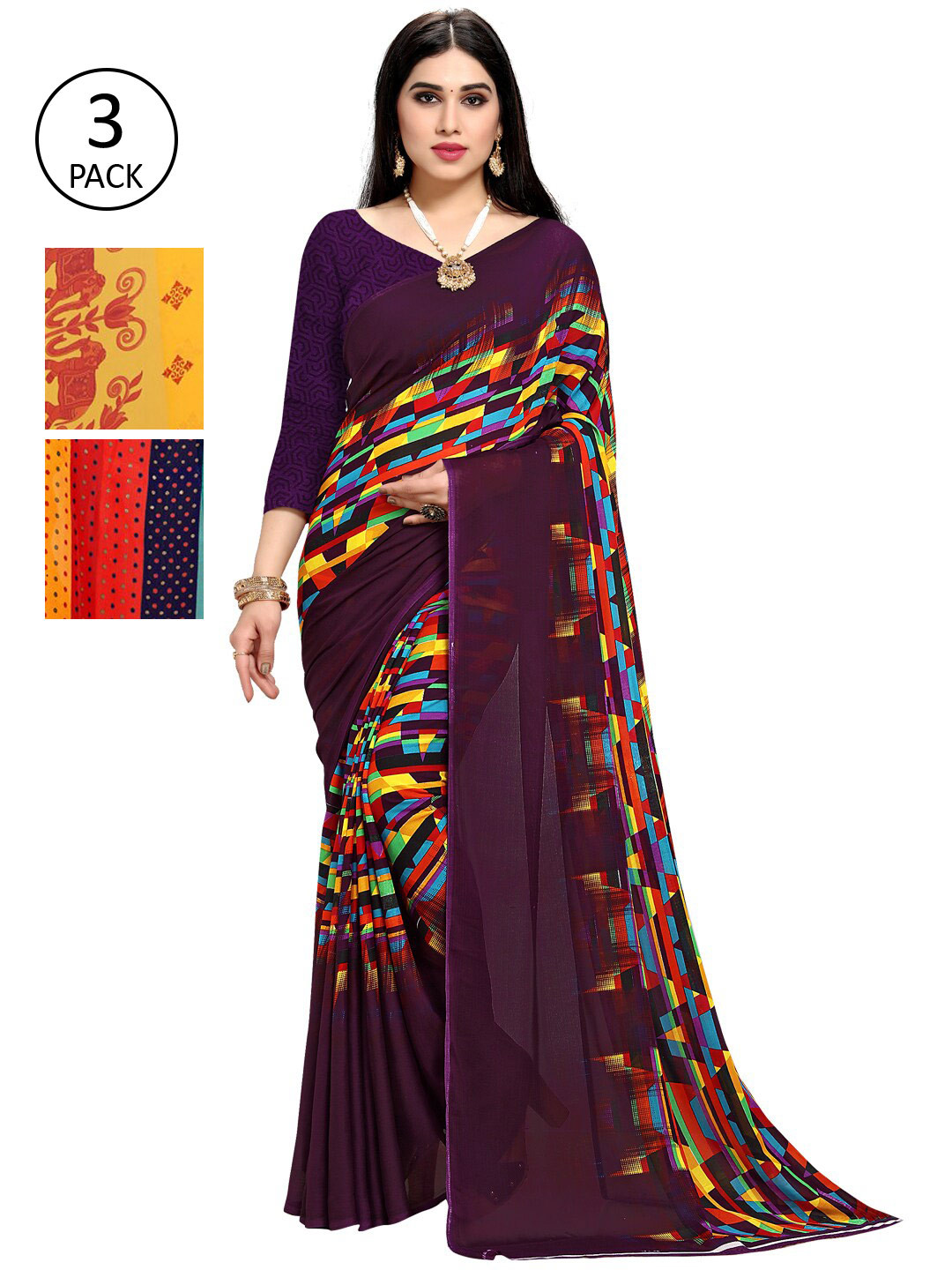 

KALINI Pack of 3 Printed Poly Georgette Saree, Navy blue