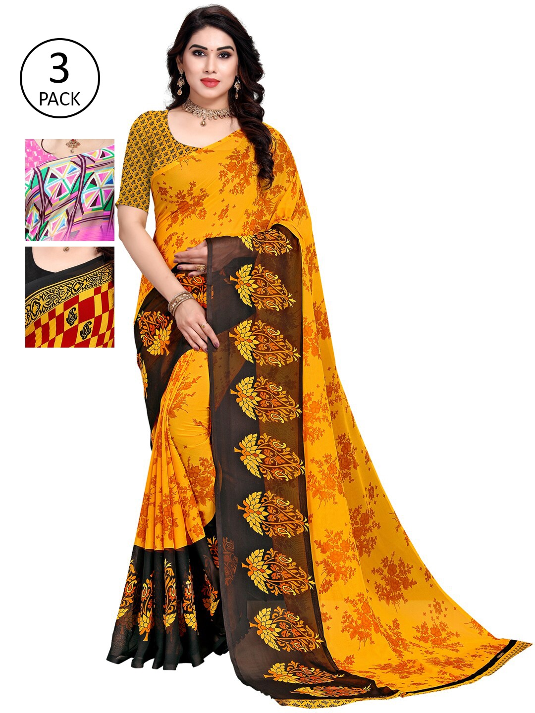 

KALINI Black & Yellow Ethnic Motifs Pack of 3 Saree