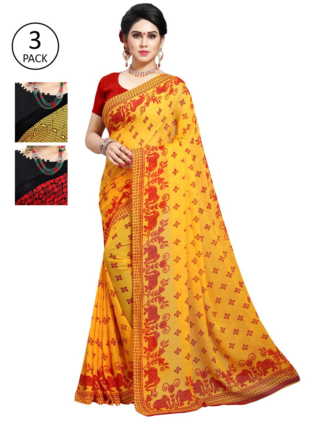 

KALINI Pack Of 3 Yellow & Red Ethnic Motifs Saree