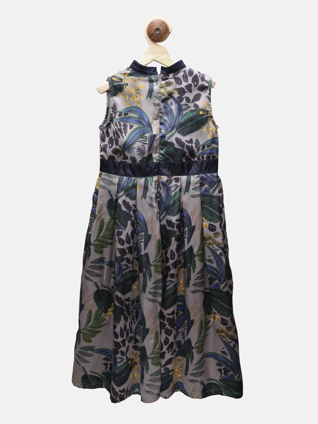 

First Kick Girls Grey & Green Floral Satin Fit and Flared Dress