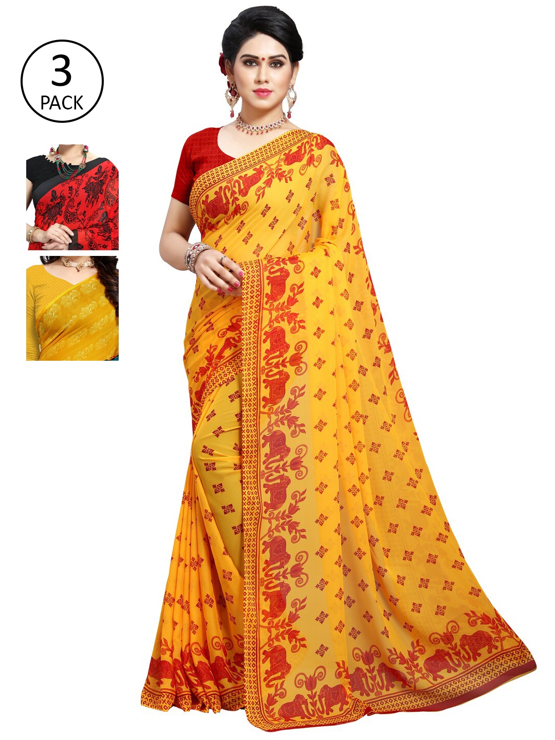 

KALINI Pack Of 3 Poly Georgette Printed Sarees, Red