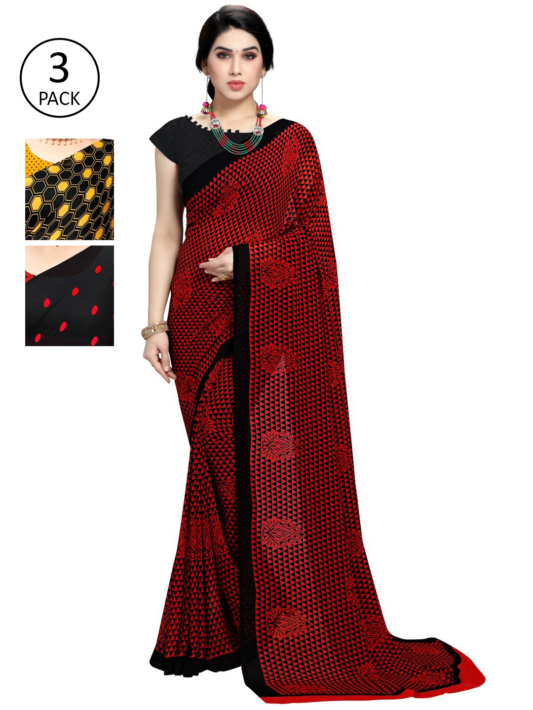 

KALINI Set of 3 Yellow & Red Sarees