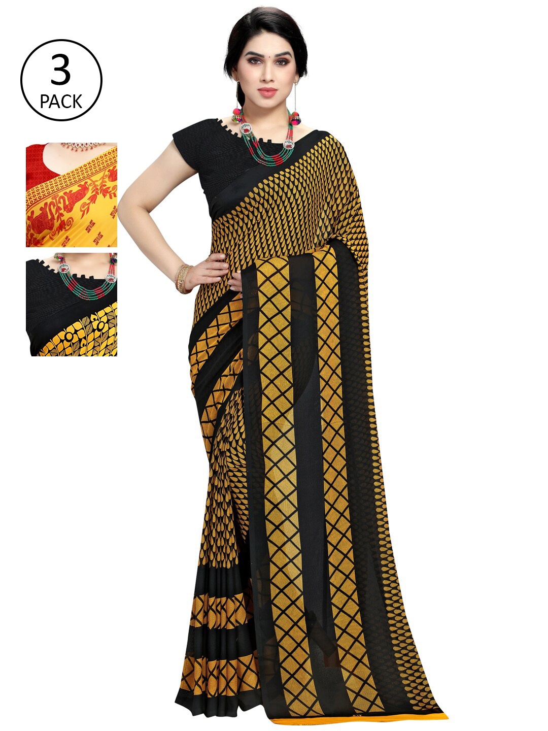 

KALINI Pack Of 3 Yellow & Red Saree
