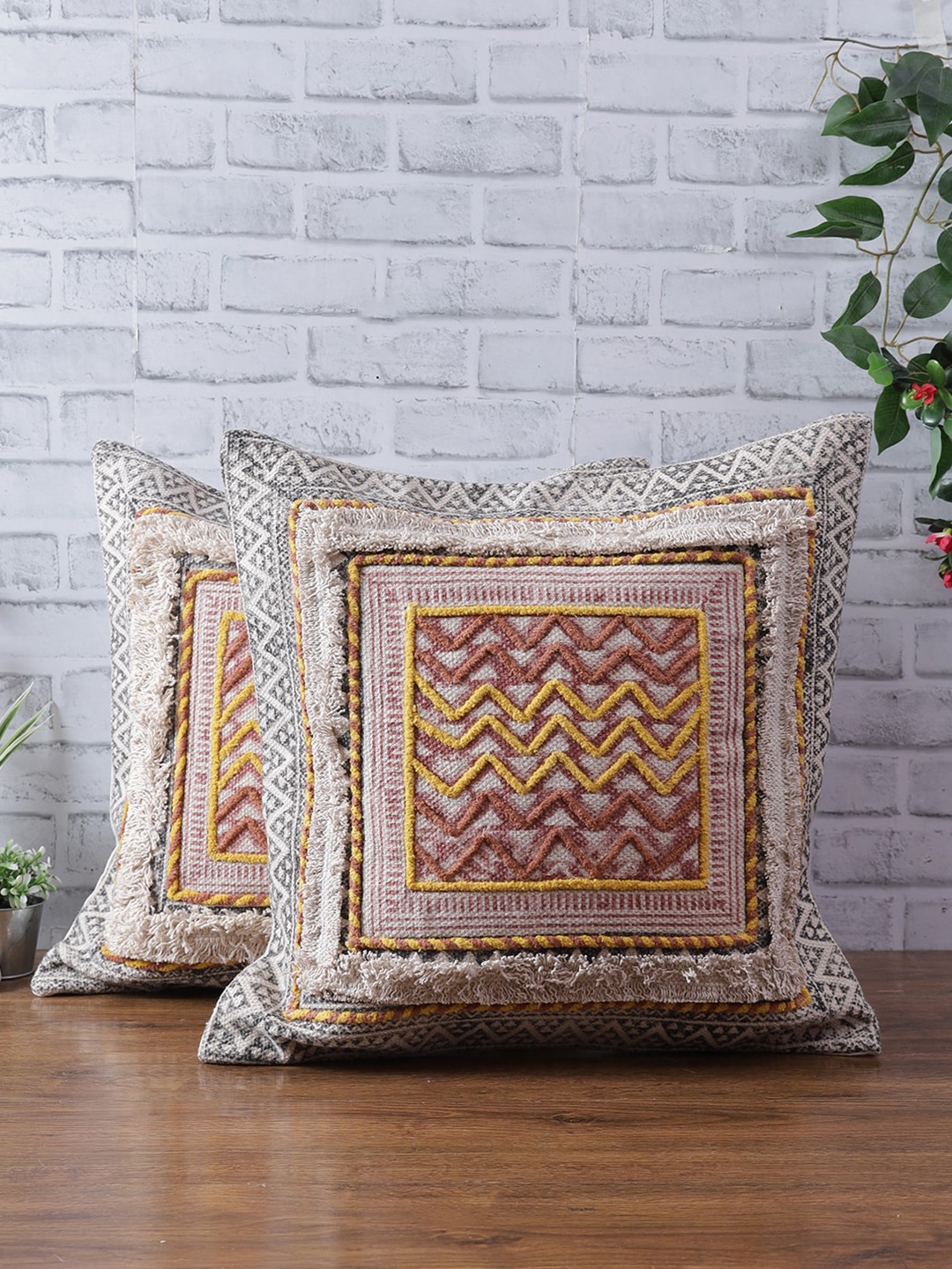 

eyda Set Of 2 Off White & Yellow Embellished Square Cushion Covers