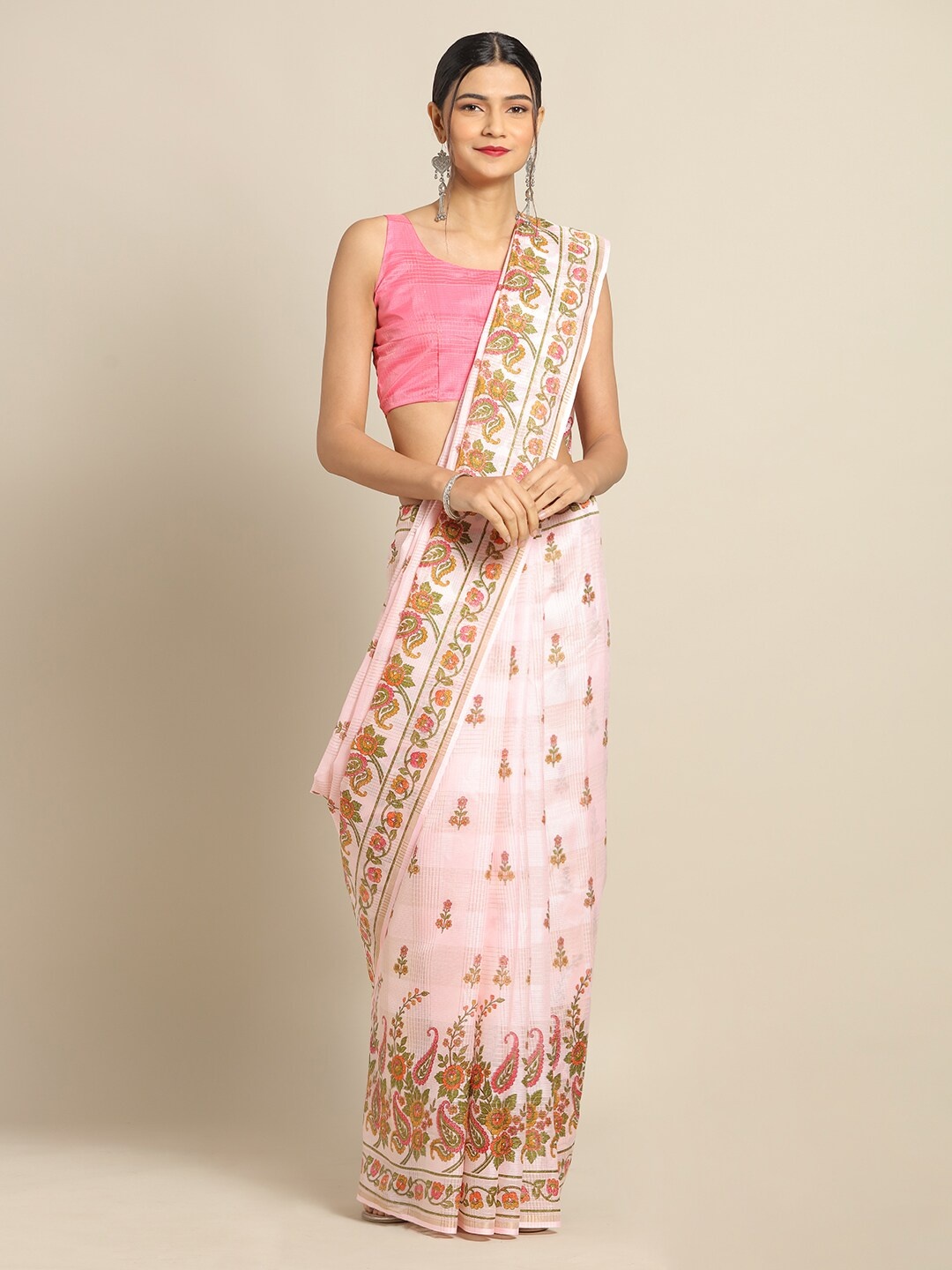 

Saree mall Pink & Green Floral Linen Blend Sarees