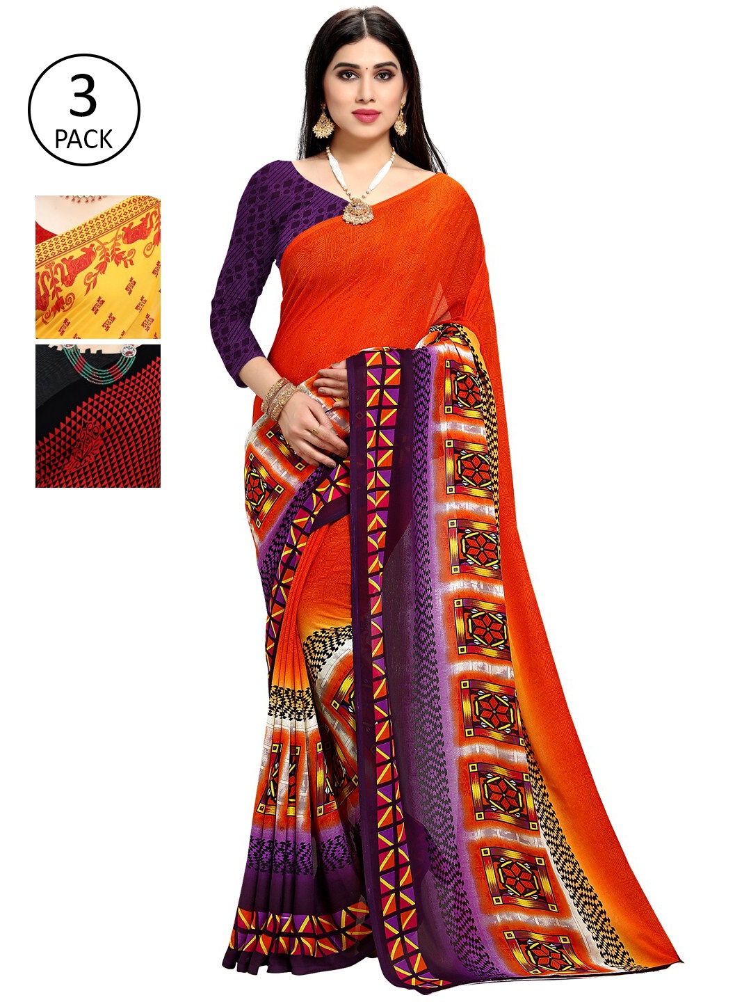

KALINI Yellow & Red Ethnic Pack of 3 Motifs Saree