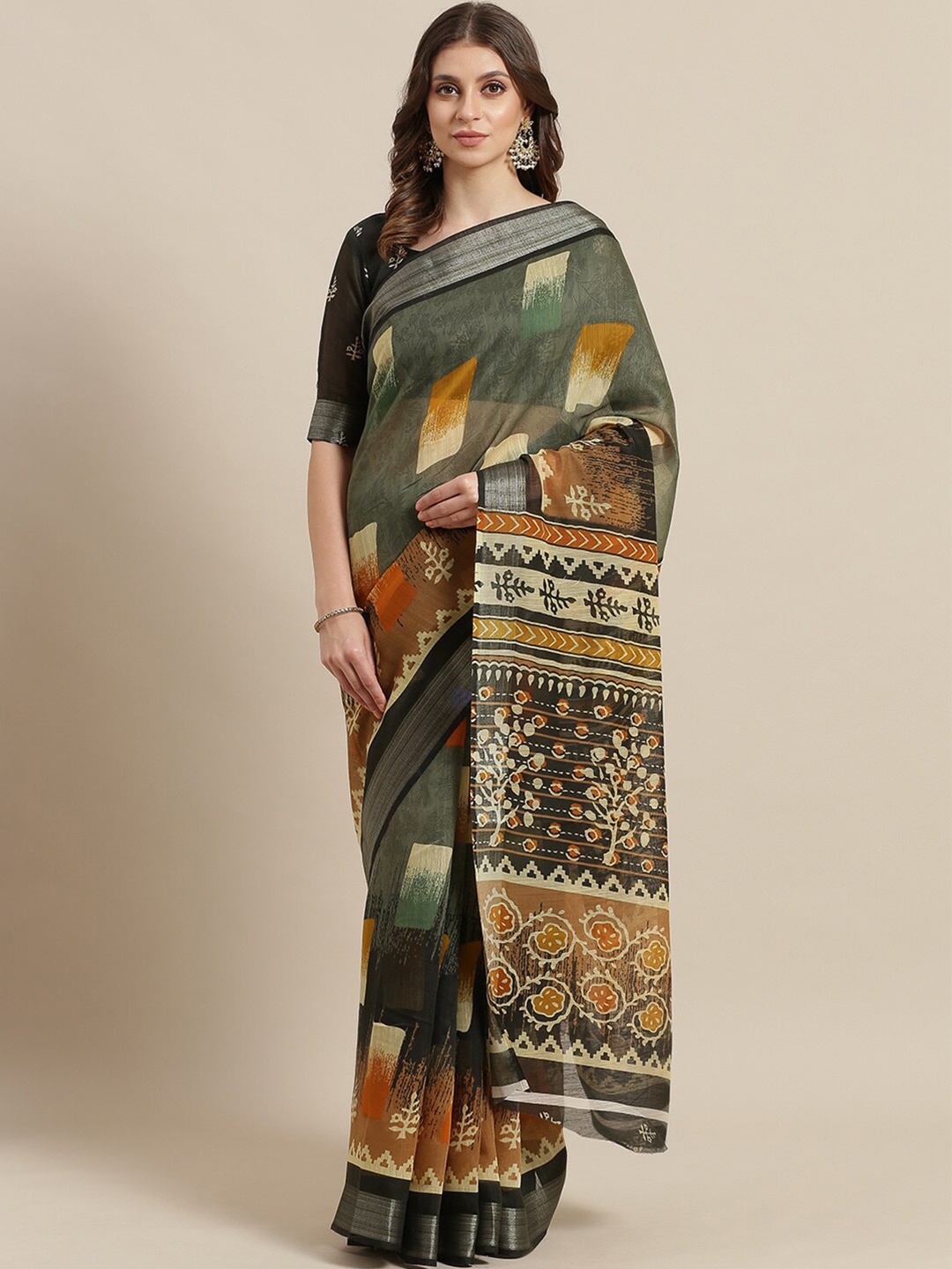 

Saree mall Olive & Mustard Yellow Floral Linen Blend Sarees