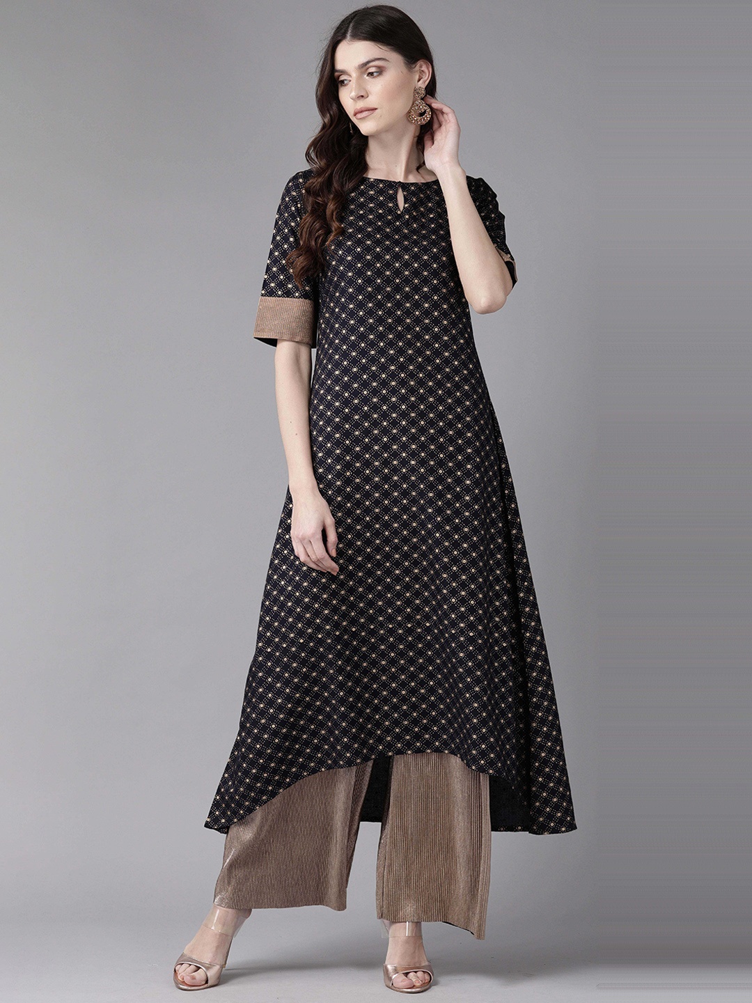 

Indo Era Women Navy Blue & Beige Geometric Foil Printed Keyhole Neck A-Line Kurta