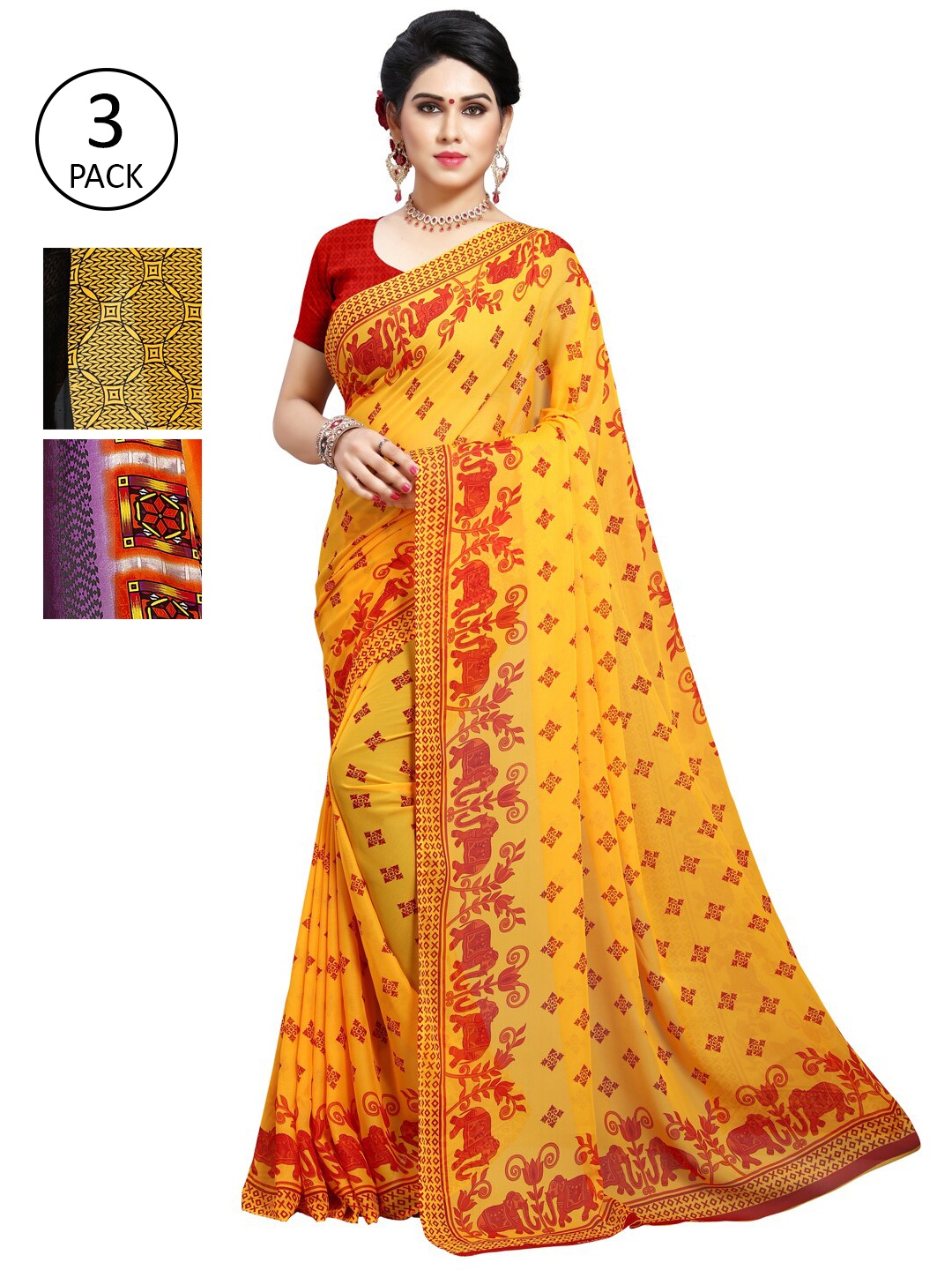 

KALINI Pack of 3 Printed Poly Georgette Saree, Yellow