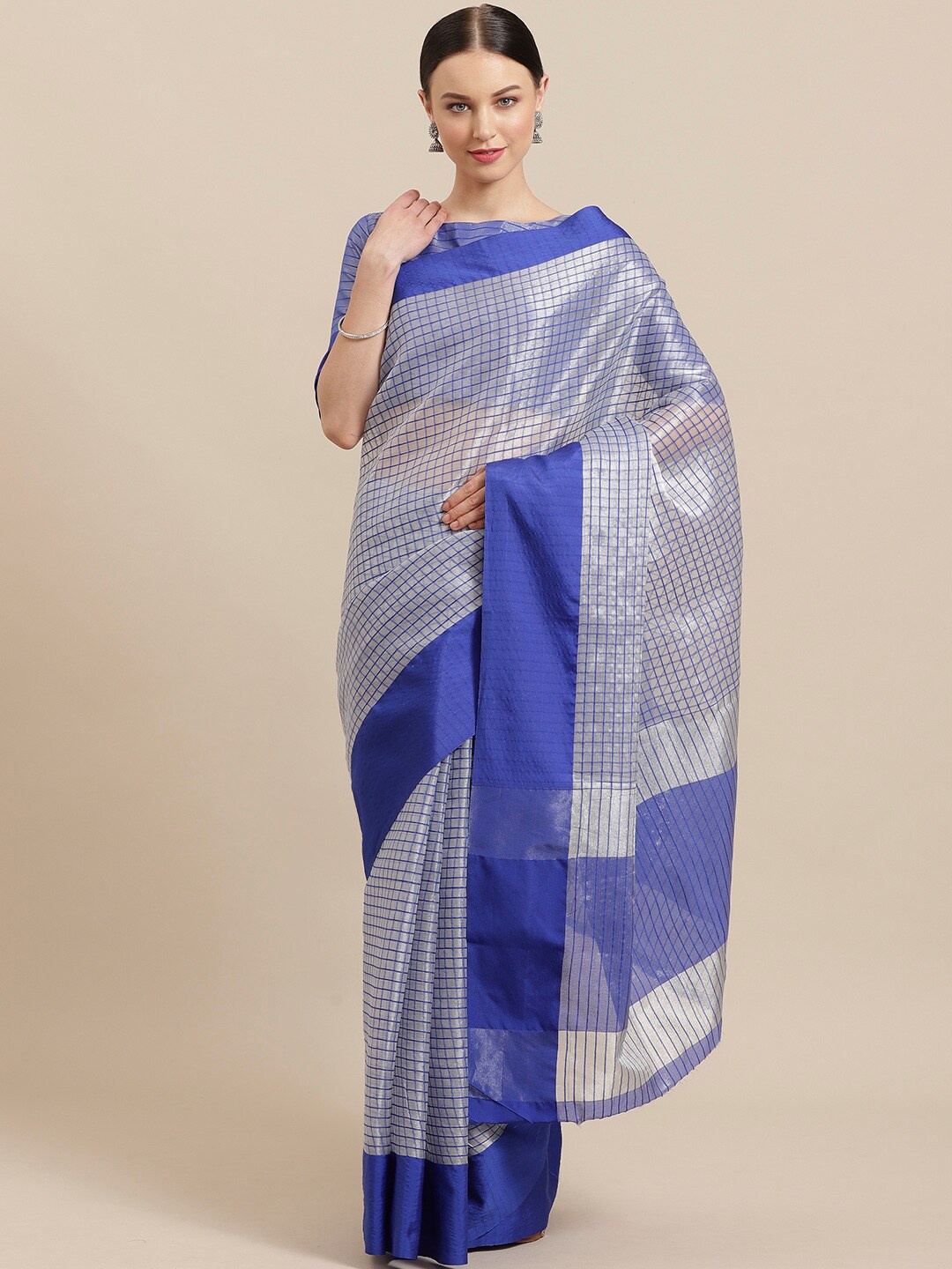 

Saree mall Grey & Blue Checked Silk Blend Sarees