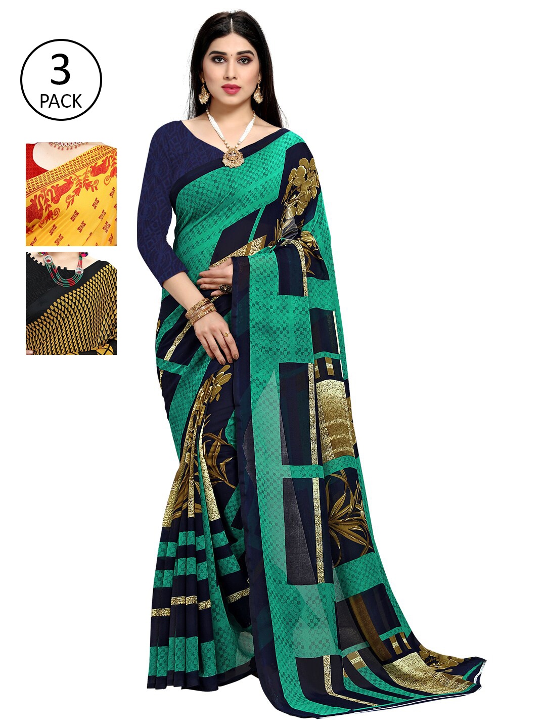 

KALINI Pack of 3 Printed Poly Georgette Saree, Sea green