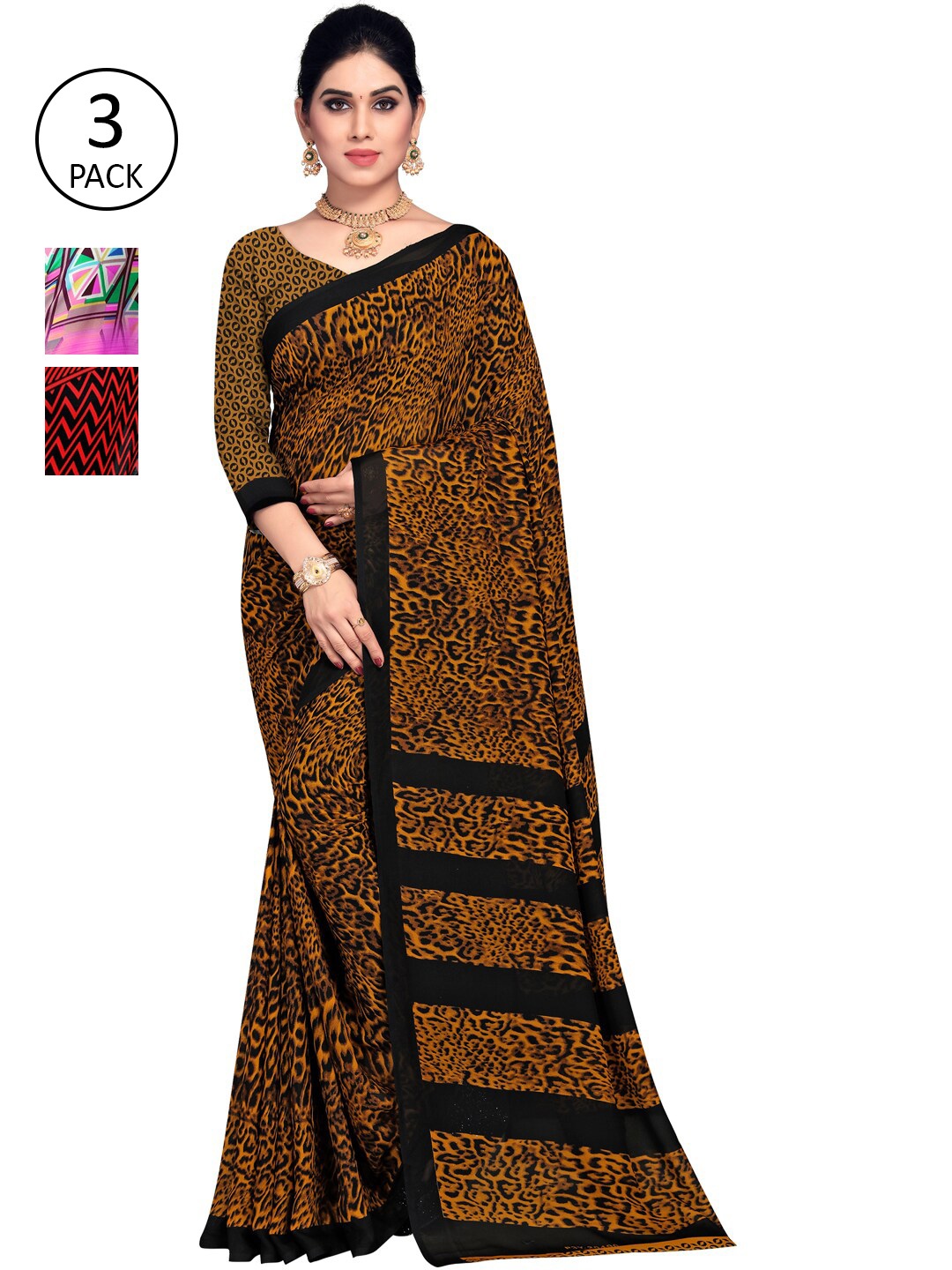 

KALINI Pack Of 3 Sarees, Red