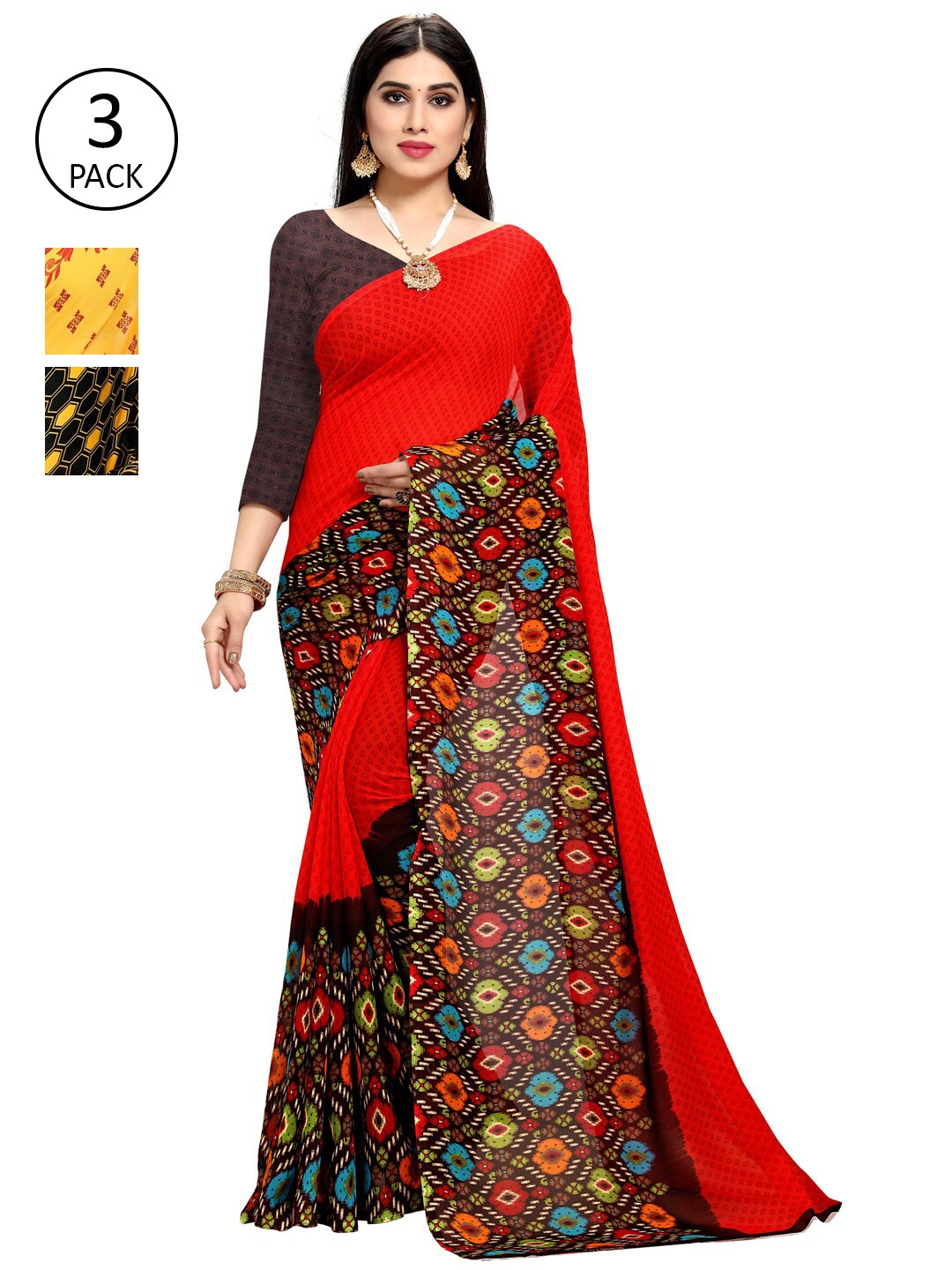 

KALINI Pack Of 3 Yellow & Pink Saree