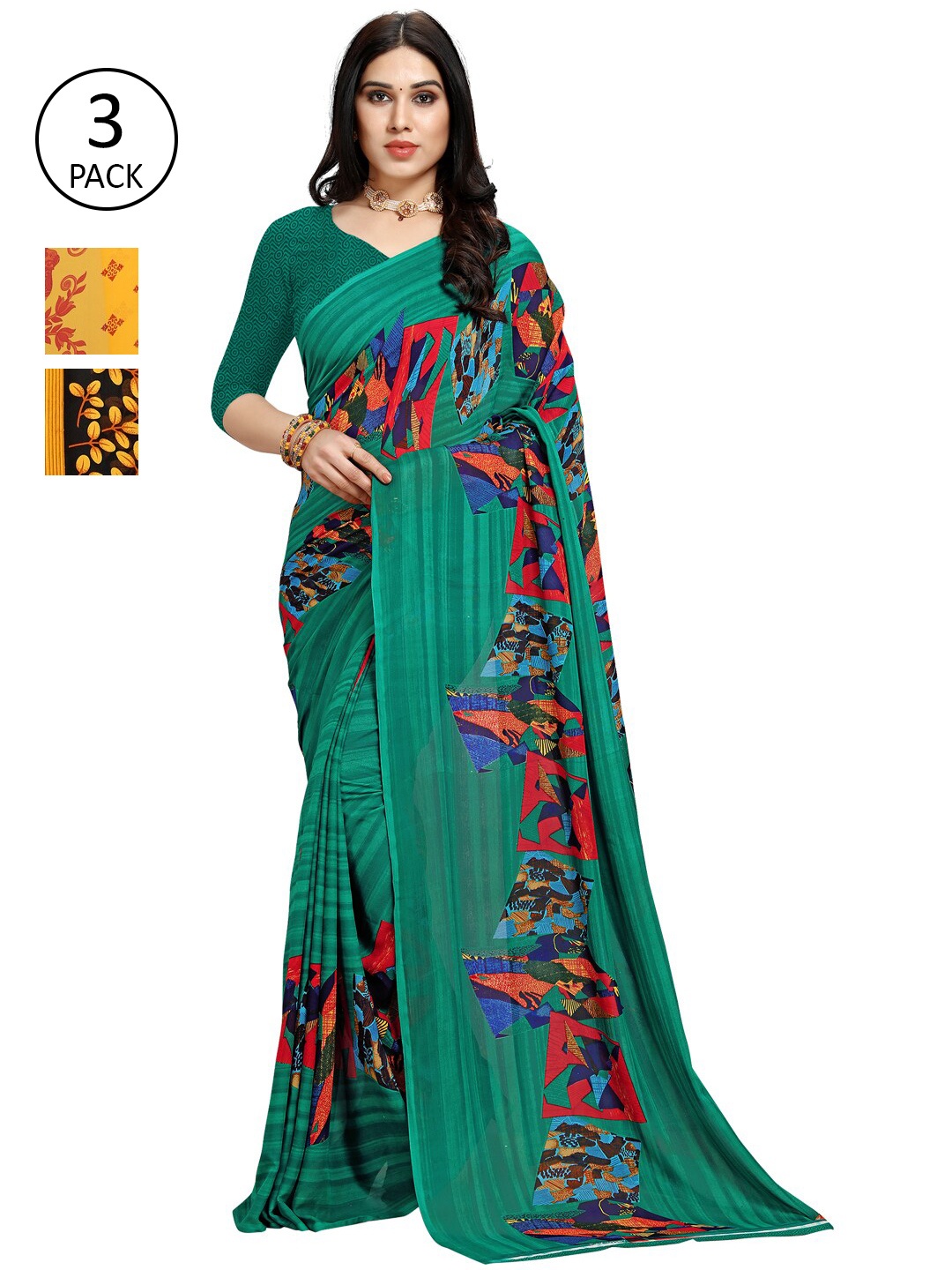 

KALINI Pack of 3 Printed Poly Georgette Saree, Multi