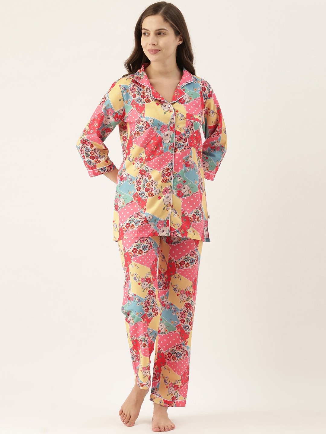 

Bannos Swagger Women Red & Yellow Printed Night suit