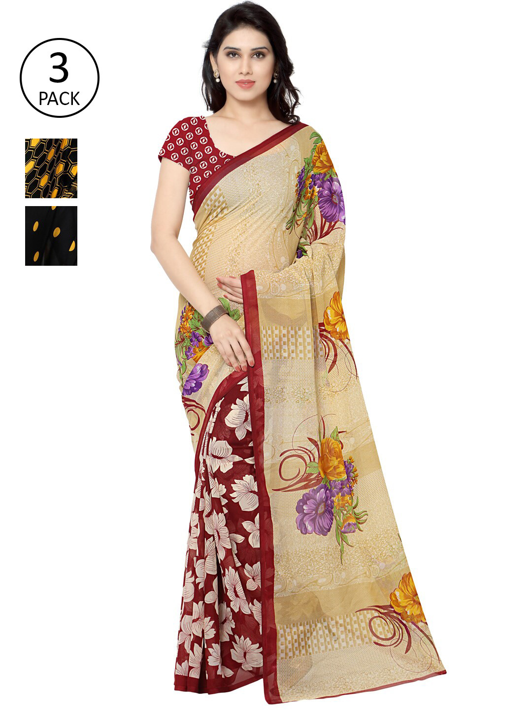 

KALINI Black Beige Yellow & Black Floral & Pulka Dots Printed Saree With Blouse Piece Set