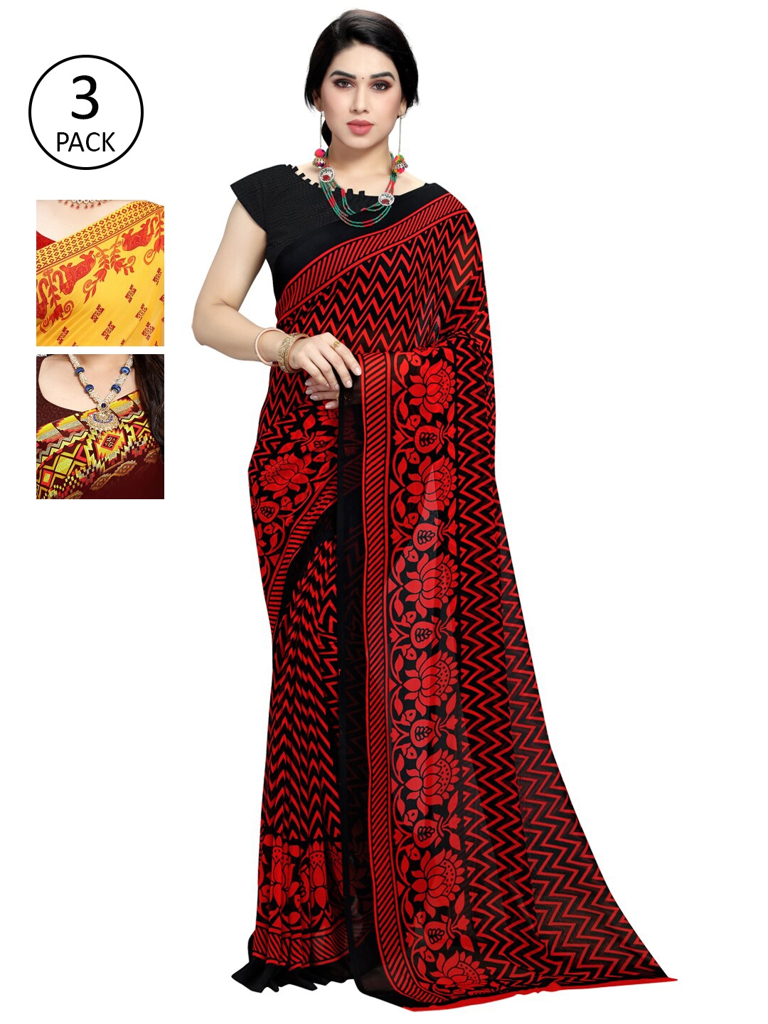 

KALINI Pack Of 3 Ethnic Motifs Sarees, Yellow
