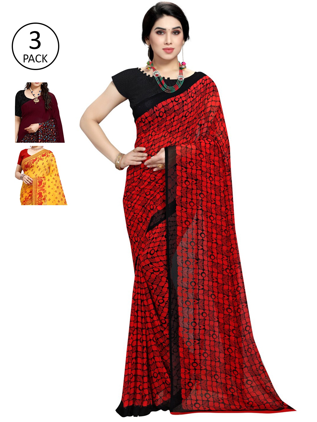 

KALINI Pack of 3 Poly Georgette Sarees, Yellow