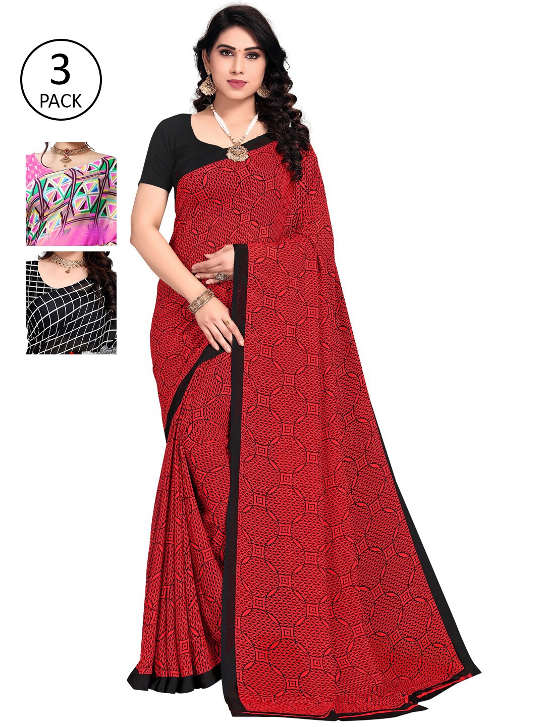 

KALINI Pack Of 3 Poly Georgette Printed Sarees, Pink