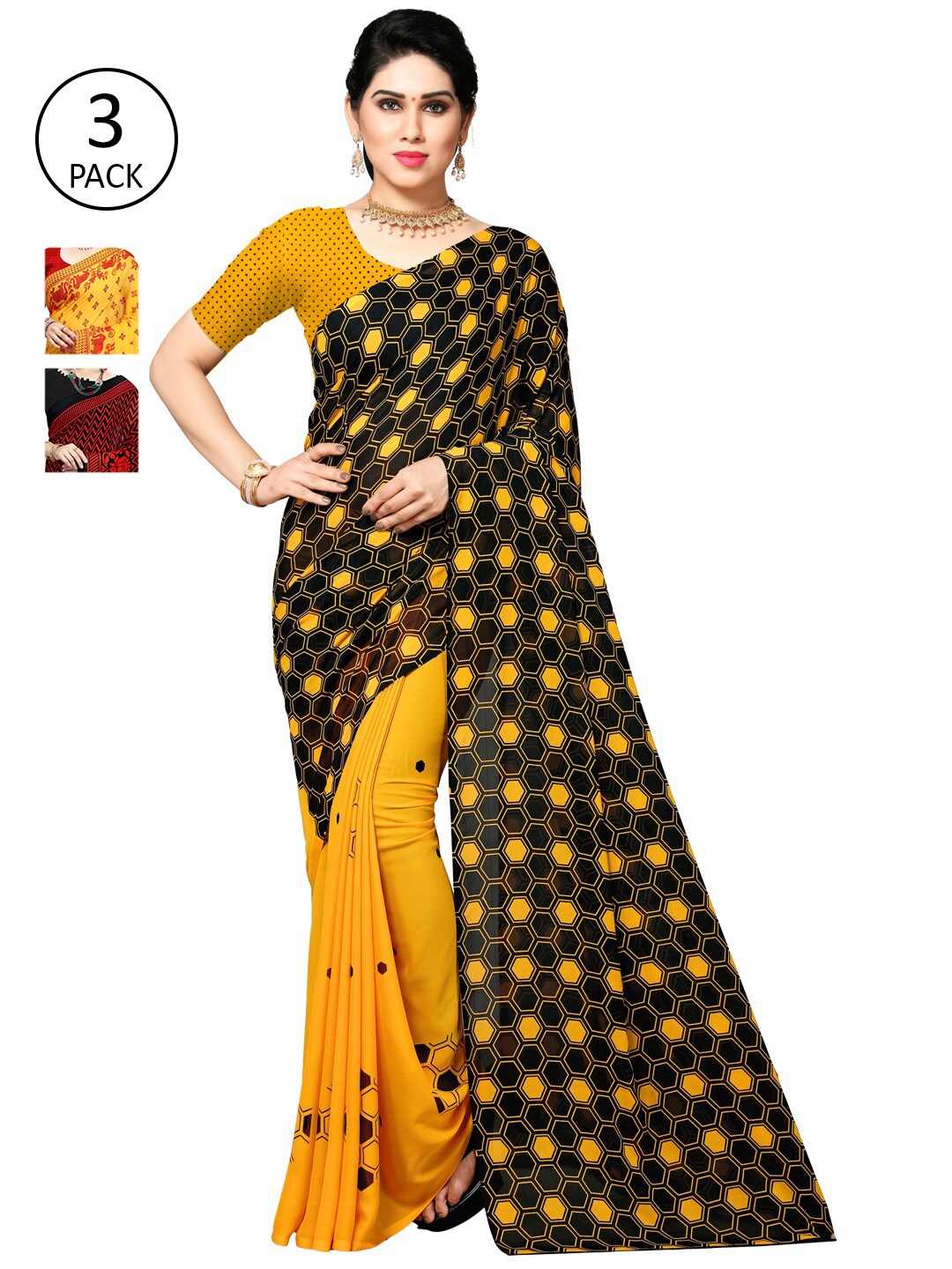 

KALINI Pack of 3 Printed Poly Georgette Saree, Multi