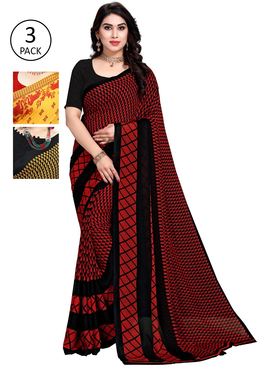 

KALINI Pack of 3 Poly Georgette Saree, Red