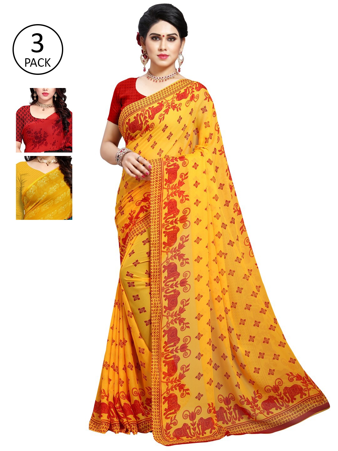 

KALINI Pack of 3 Poly Georgette Sarees, Yellow