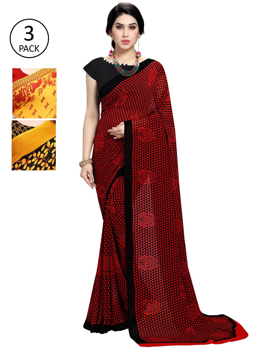 

KALINI Pack of 3 Poly Georgette Sarees, Red