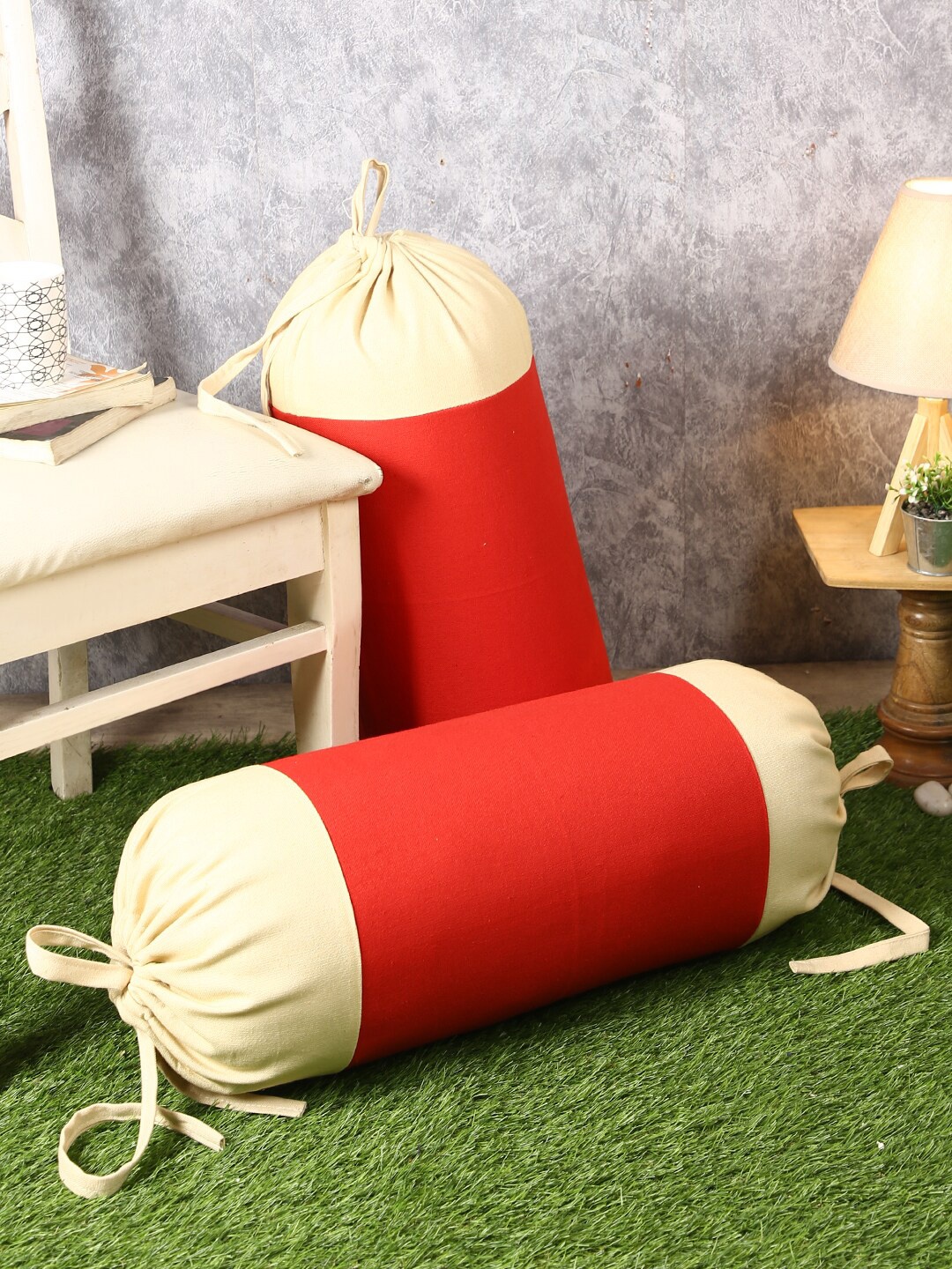 

Soumya Set Of 2 Red & Beige Solid Pure Cotton Bolster Covers