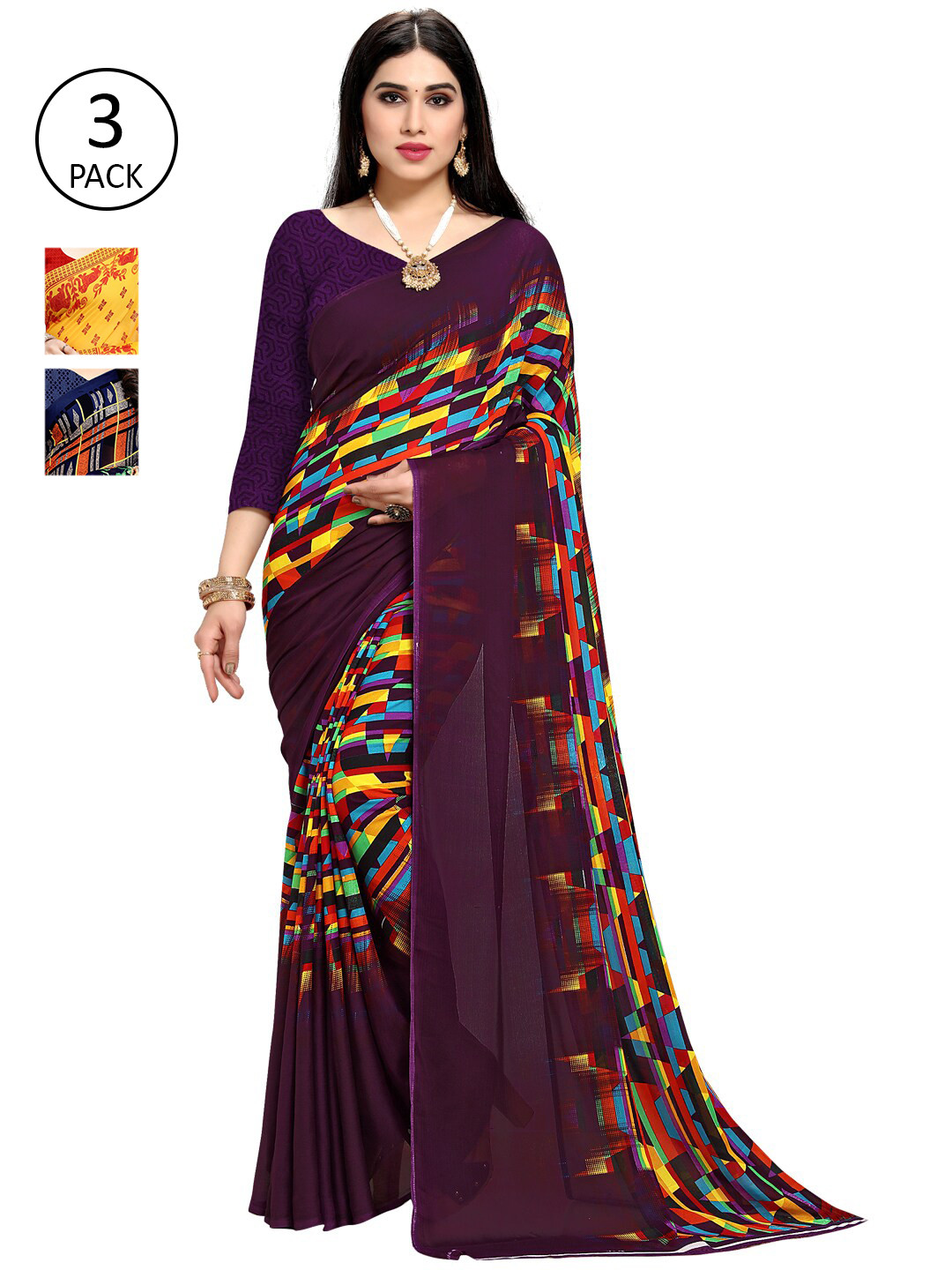 

KALINI Pack Of 3 Sarees, Red