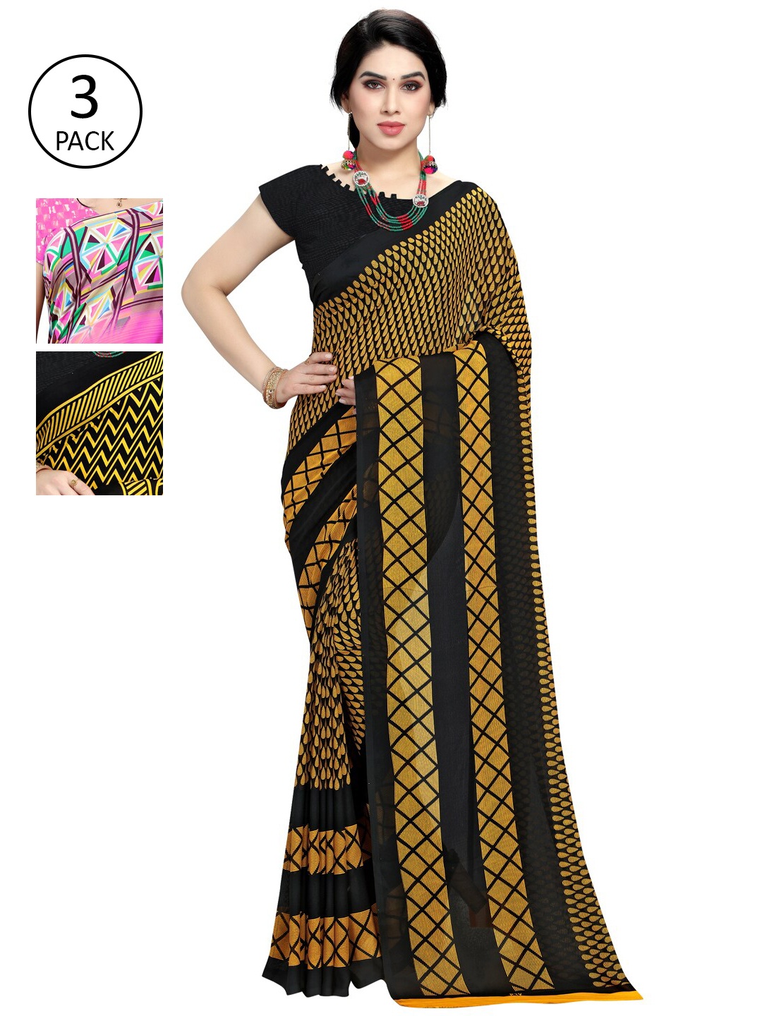 

KALINI Pack Of 3 Yellow & Pink Saree