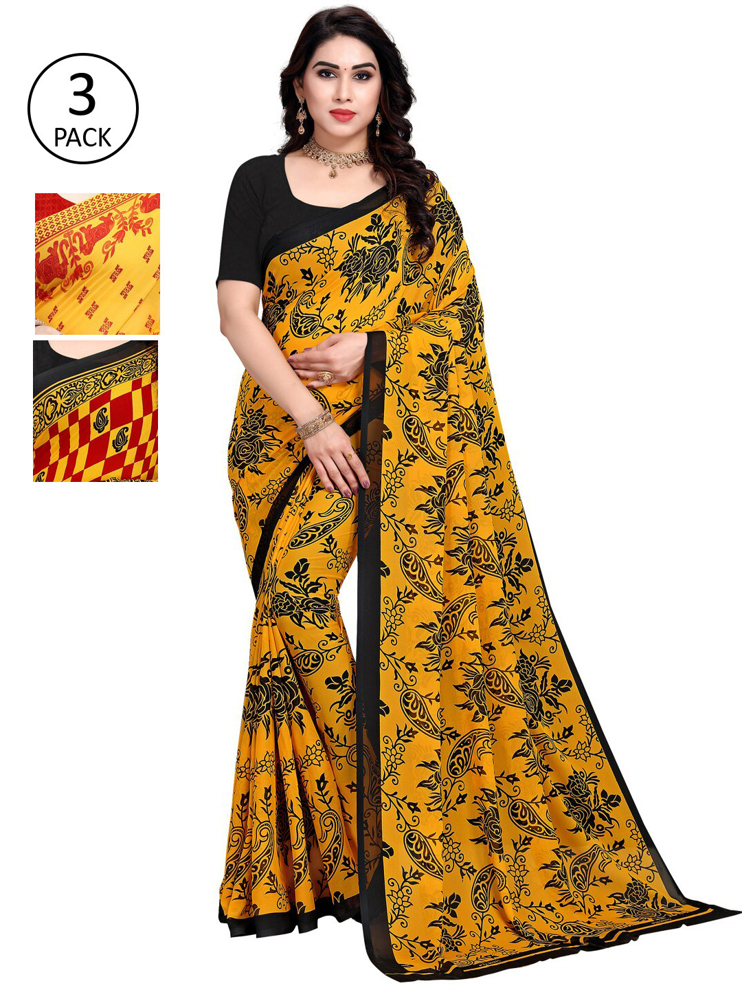 

KALINI Pack of 3 Abstract Printed Sarees, Yellow