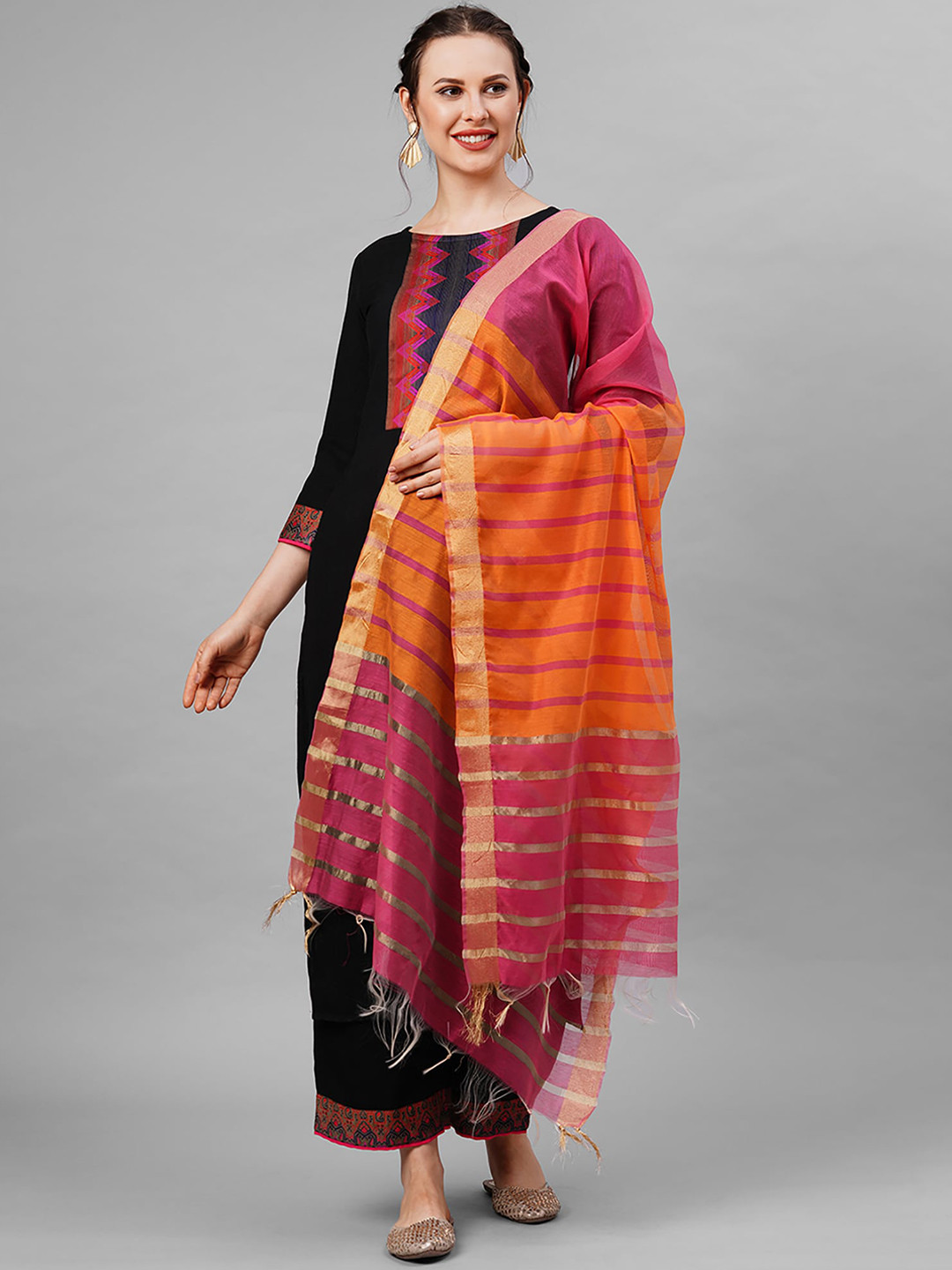 

Indo Era Women Black Pure Cotton Kurta with Churidar & With Dupatta