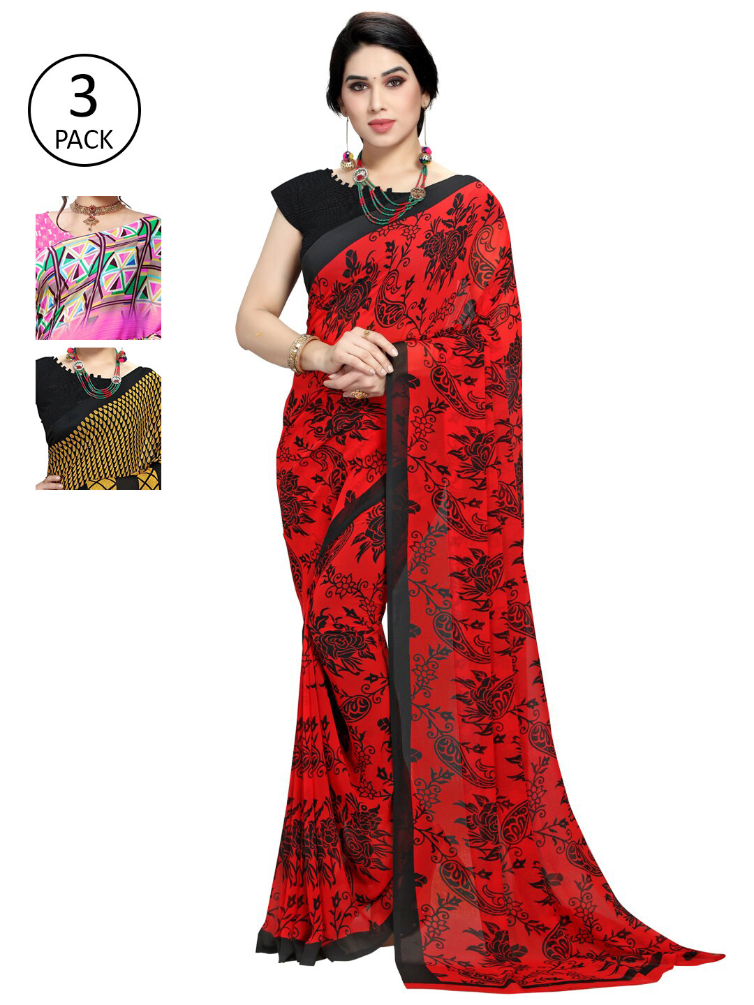 

KALINI Pack of 3 Printed Poly Georgette Saree, Red