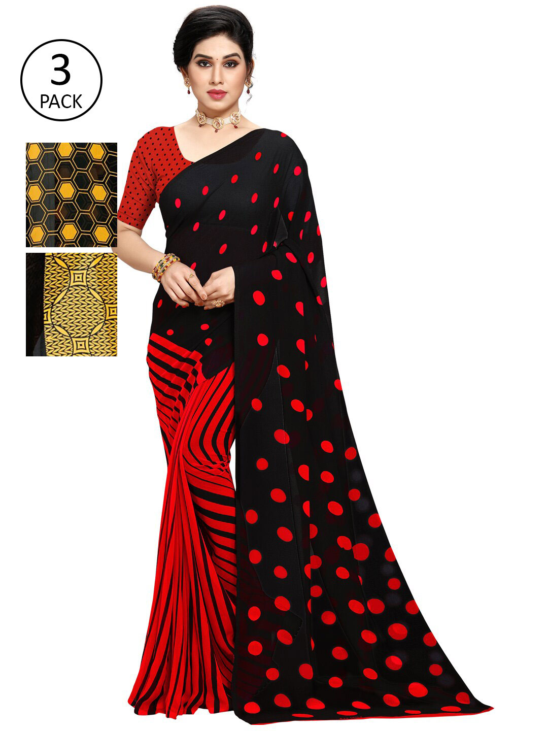 

KALINI Pack of 3 Poly Georgette Sarees, Yellow