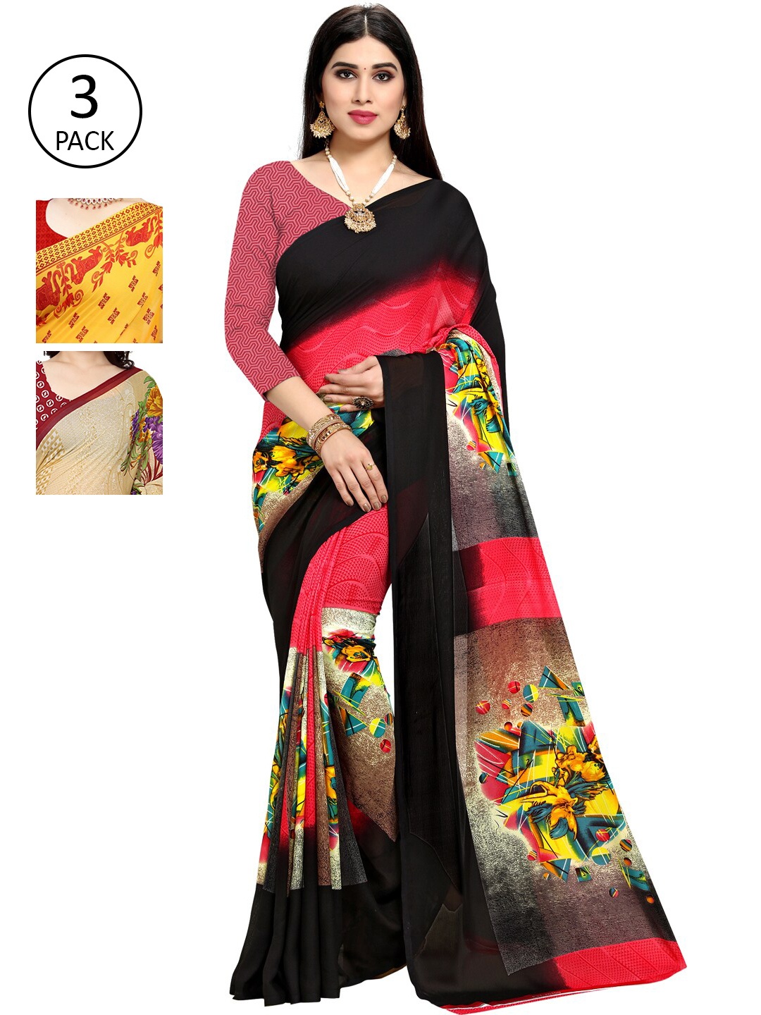 

KALINI Pack Of 3 Poly Georgette Printed Sarees, Red